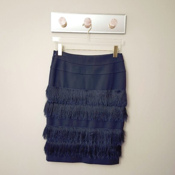 NWOT Eva Franco blue knee length skirt with tiered fringe accent, 10 - Picture 7 of 8
